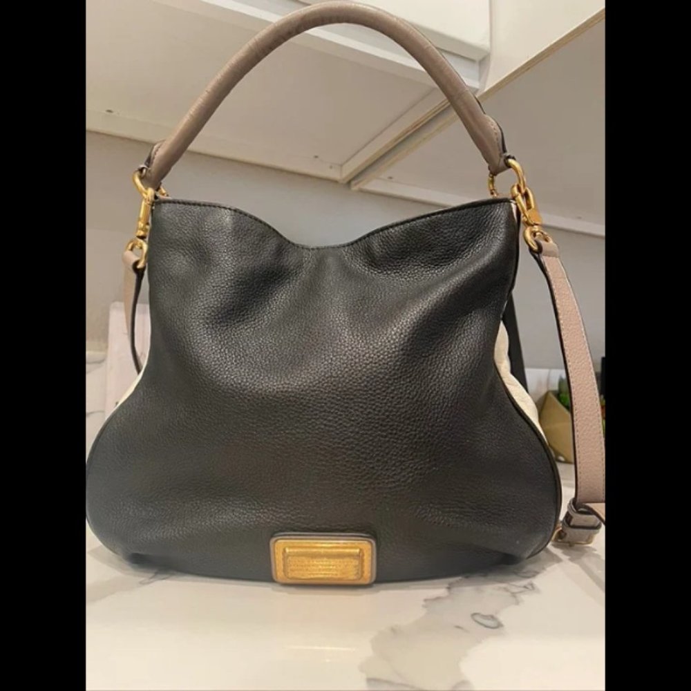 Marc Jacobs Too Hot To Handle Black White Taupe Multi Pebbled Leather Hobo Bag